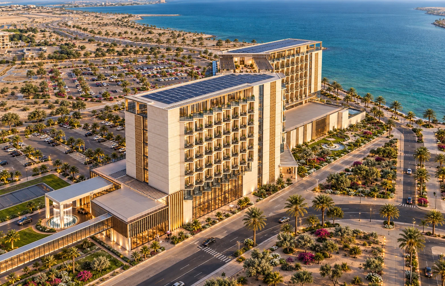 The folded hotel wings, landscaped podium and separate annex establish a legible coastal destination.