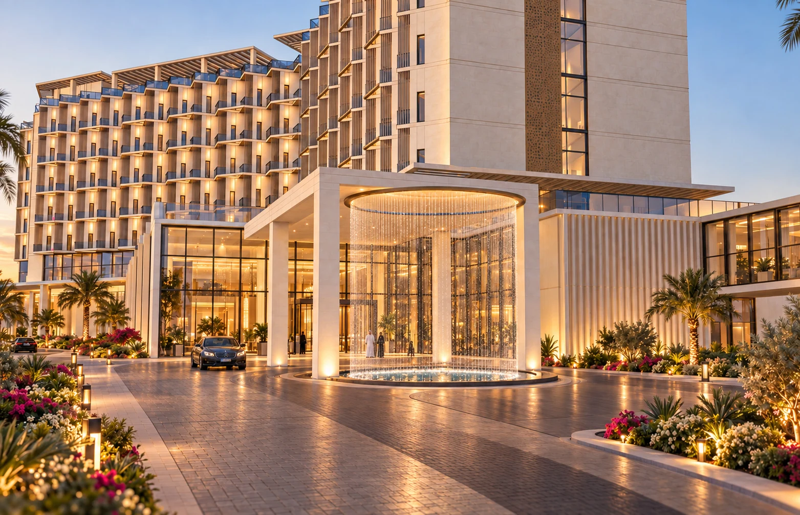 Arrival facade: stone surfaces and bronze-toned metalwork establish a consistent detail family.
