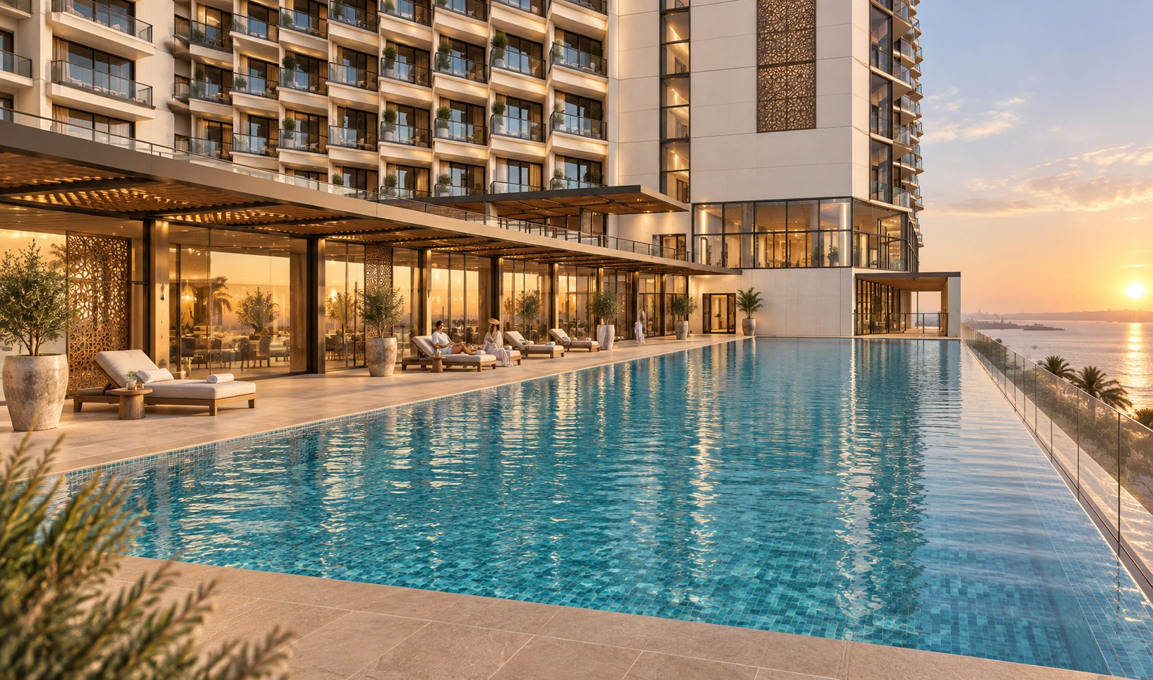 Pool terrace: the coastal outlook becomes a shared amenity.