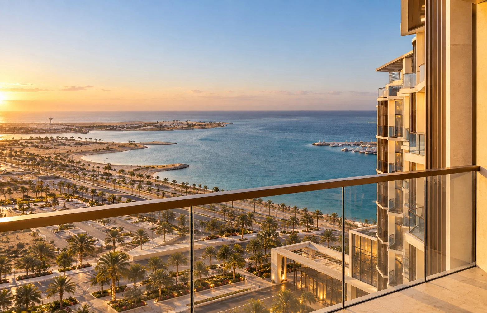 The private balcony frames the bay in the foreground and the sea beyond.