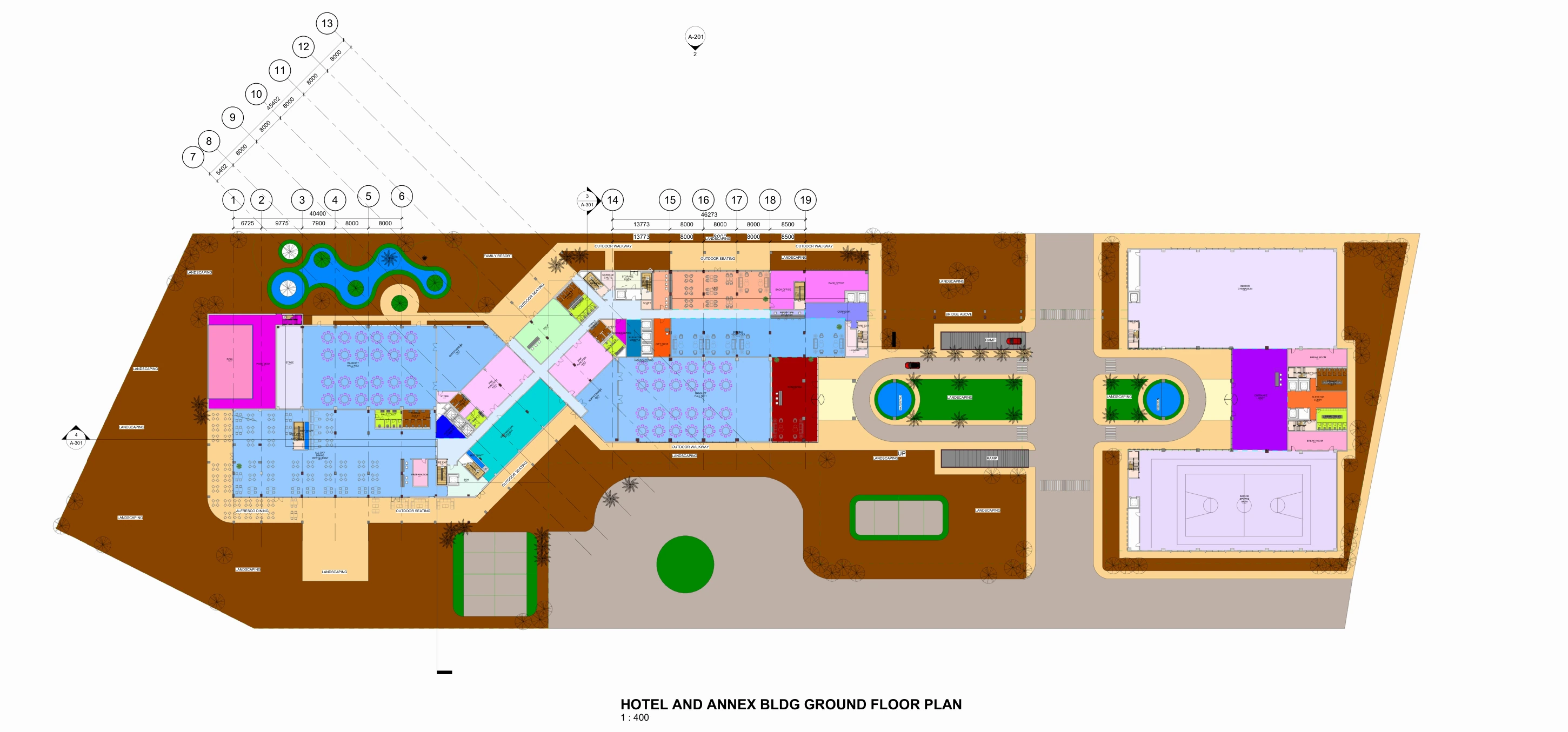 Ground-floor composition: main hotel to the left, separate annex to the right, and distinct arrival courts.