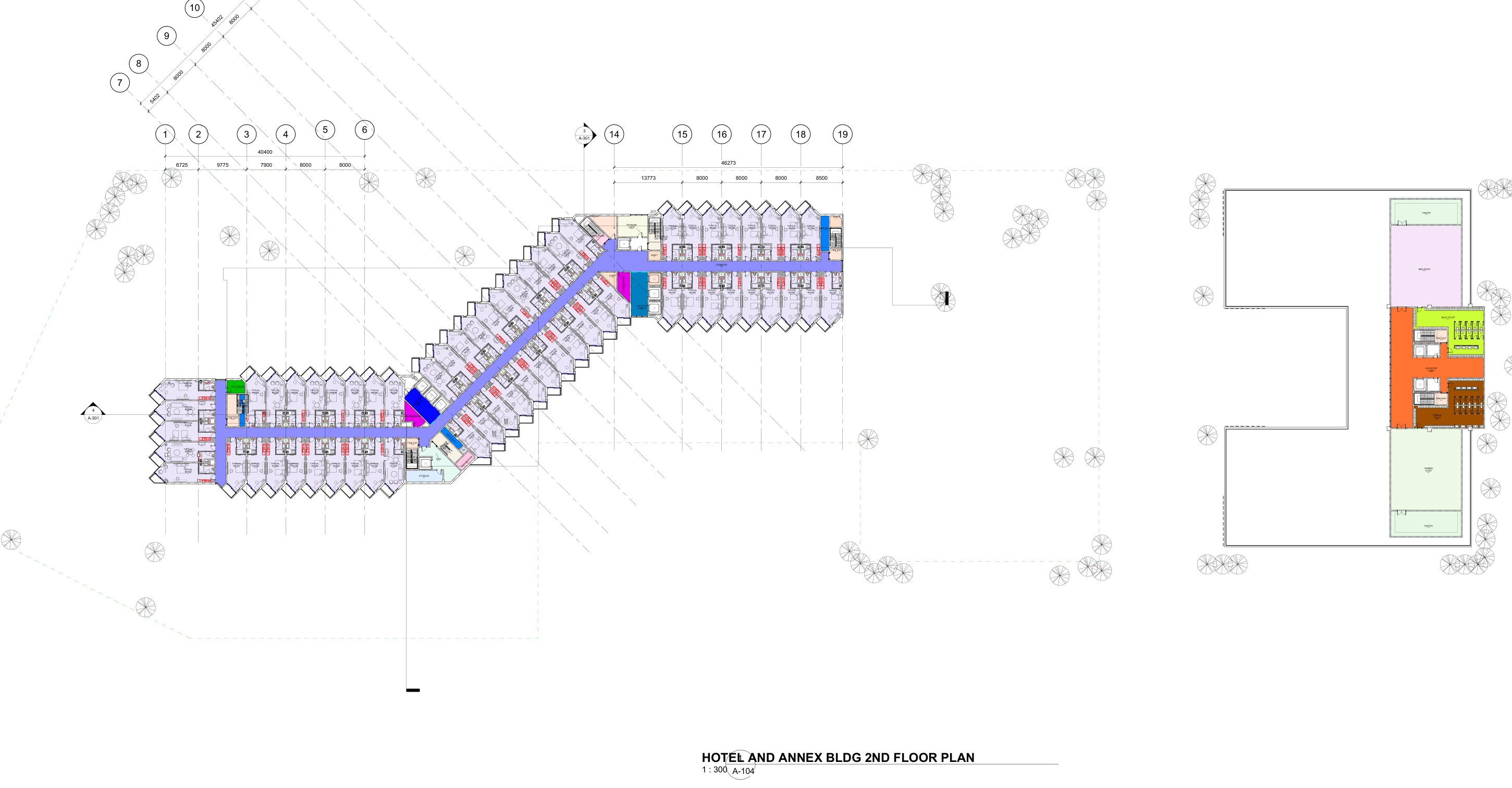 Actual guest-floor plan crop: the folded room frontage and connecting corridor.