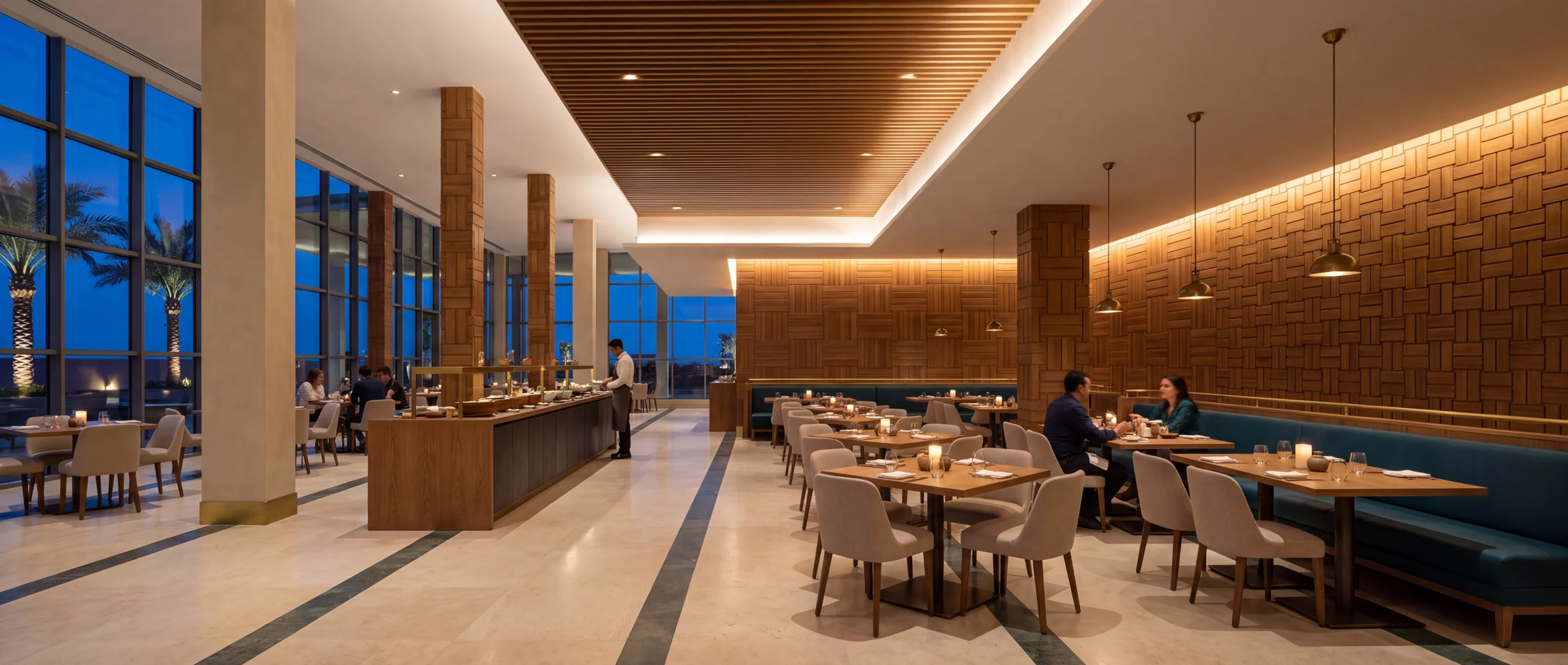 All-day dining · View 01Teal banquettes, timber texture and a clear buffet sequence provide a shared coastal dining space.