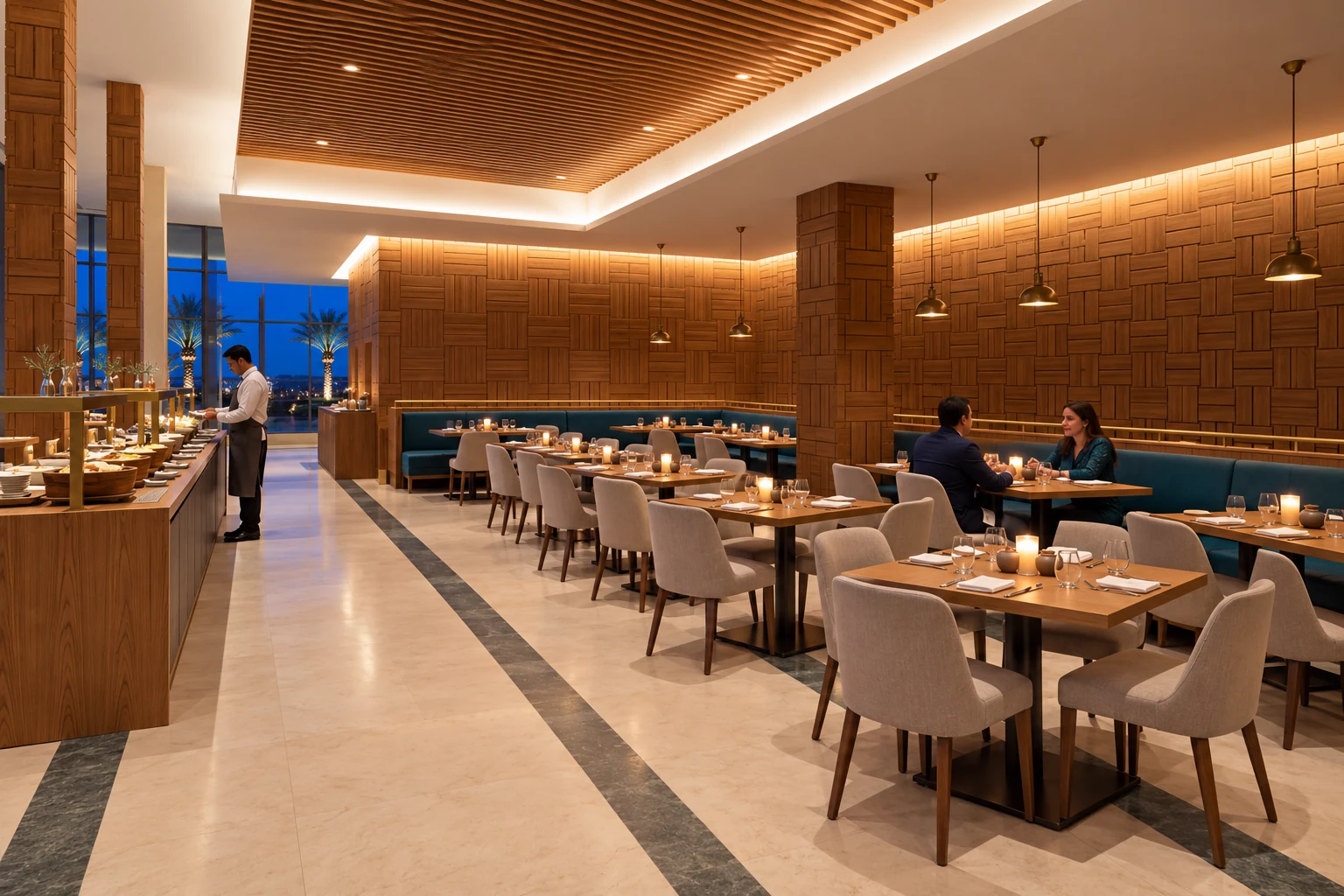 All-day dining · View 02Teal banquettes, timber texture and a clear buffet sequence provide a shared coastal dining space.