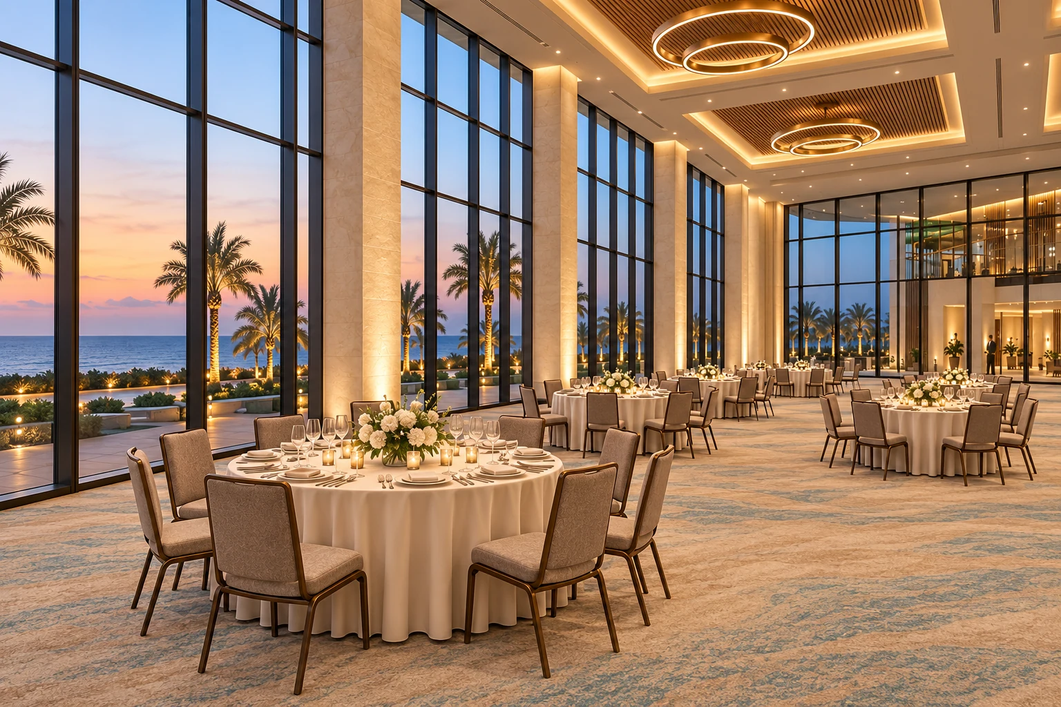 Banquet hall · View 02A tall glazed edge, ring pendants and a muted sand-blue carpet support a ceremonial room.
