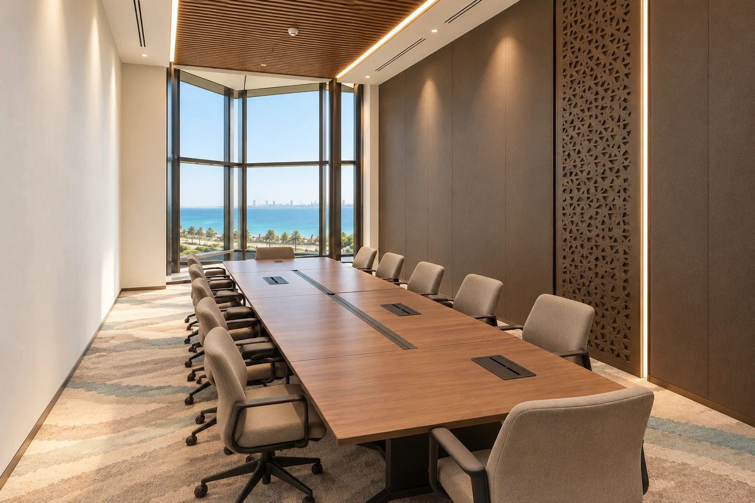 Boardroom · View 02A focused meeting table, bay window and restrained feature surfaces provide a quieter scale.