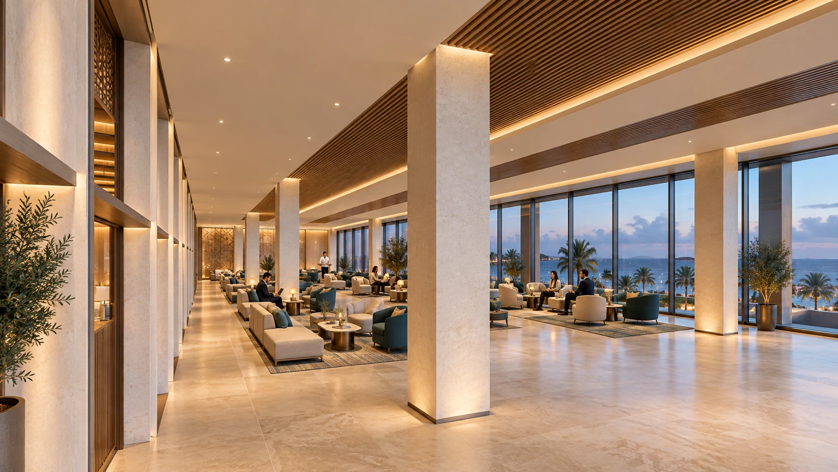 Business lounge · View 01A colonnade and sea-facing seating create a generous business and social setting.
