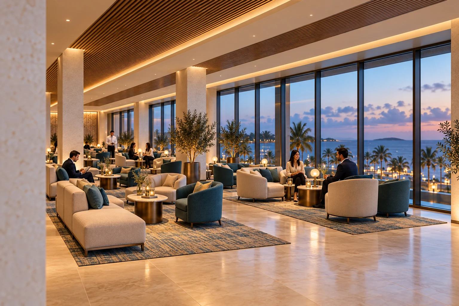 Business lounge · View 02A colonnade and sea-facing seating create a generous business and social setting.