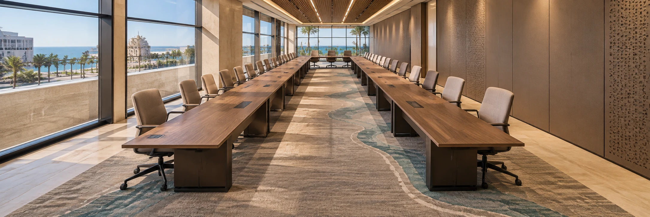 Conference room · View 01A long horseshoe arrangement balances group discussion with a clear presentation direction.