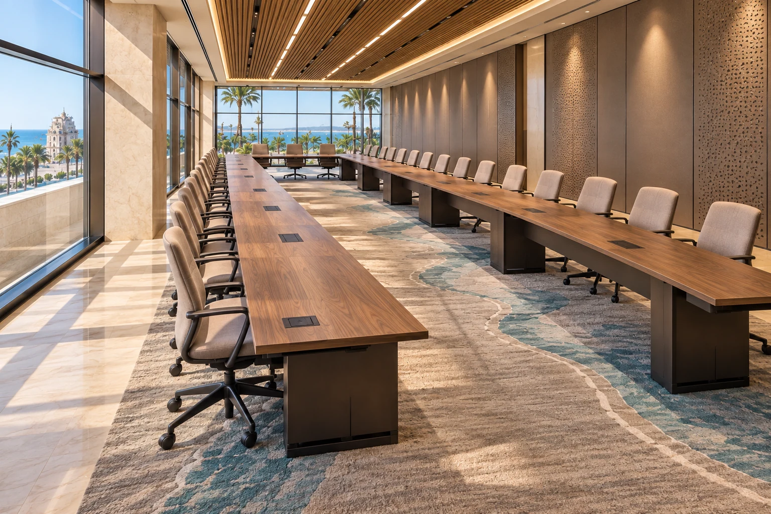 Conference room · View 02A long horseshoe arrangement balances group discussion with a clear presentation direction.