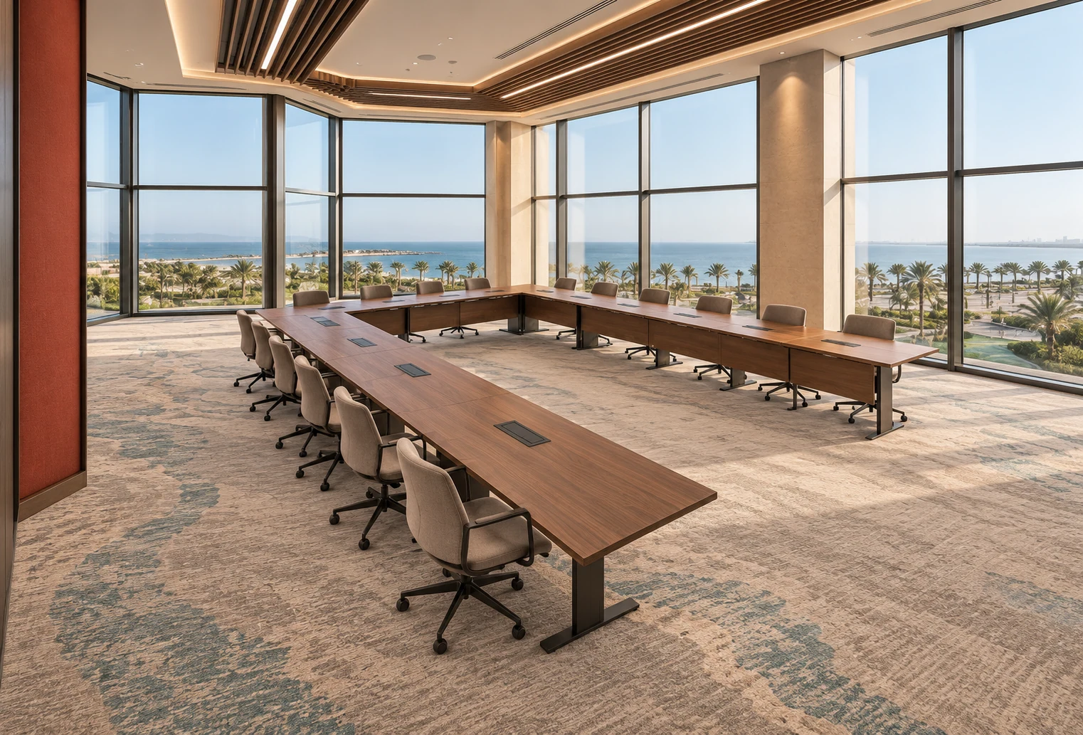Corner meeting room · View 01Faceted glazing and a U-shaped setting make the corner outlook part of the meeting experience.