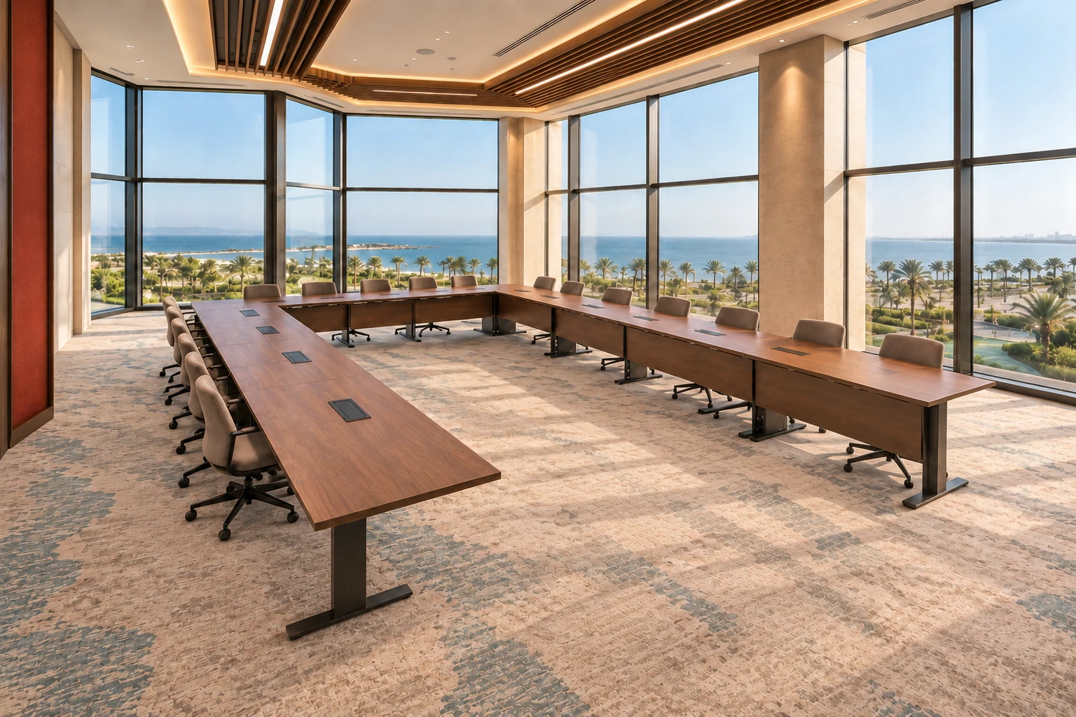 Corner meeting room · View 02Faceted glazing and a U-shaped setting make the corner outlook part of the meeting experience.