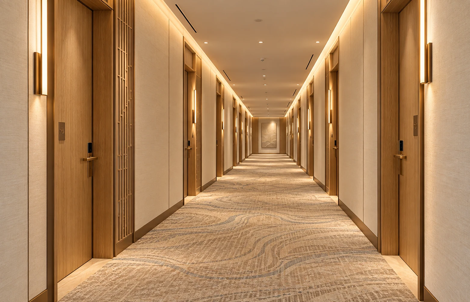 Guest corridor · View 01Repeated room entrances, bronze details and soft lighting establish a consistent guest-floor rhythm.