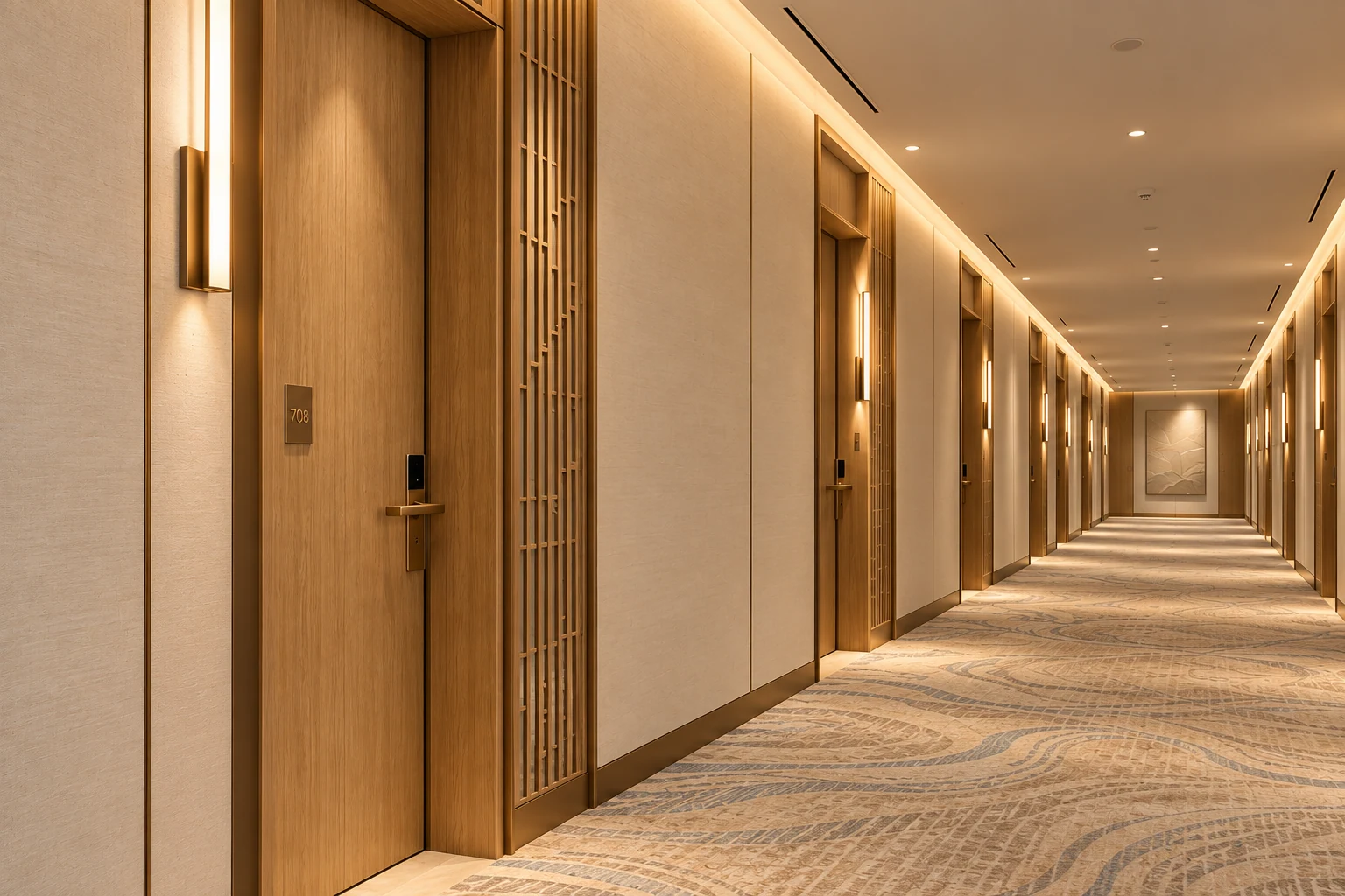 Guest corridor · View 02Repeated room entrances, bronze details and soft lighting establish a consistent guest-floor rhythm.