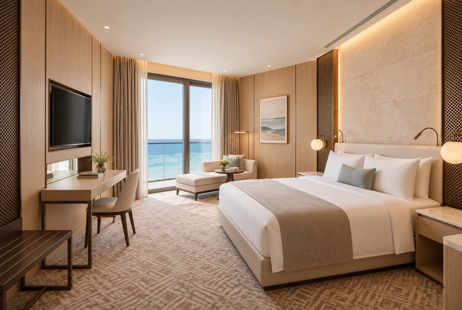 King room: a calm palette and a clear visual connection to the balcony.