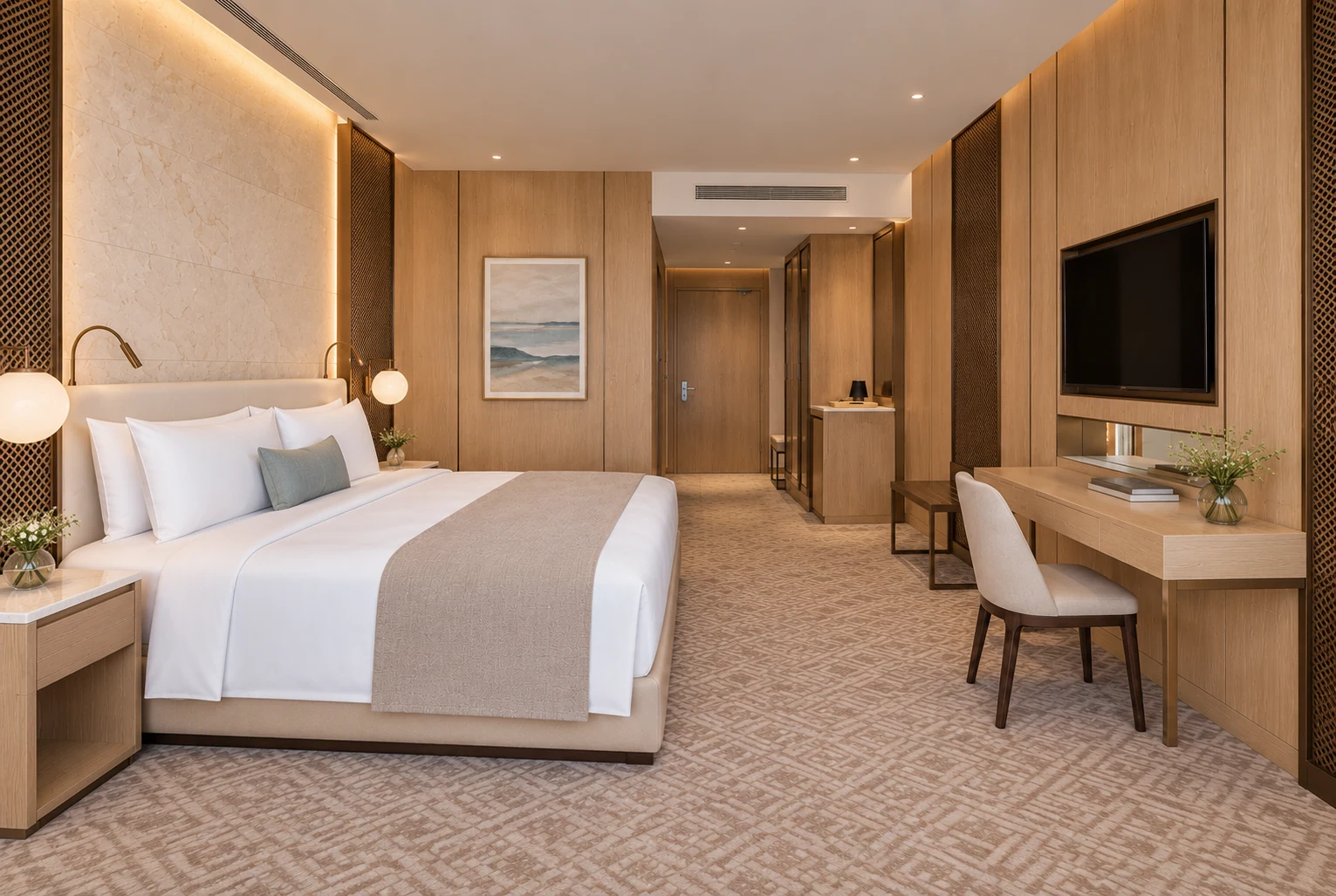 King bedroom · View 02A light, warm room palette focuses attention toward the window and balcony.