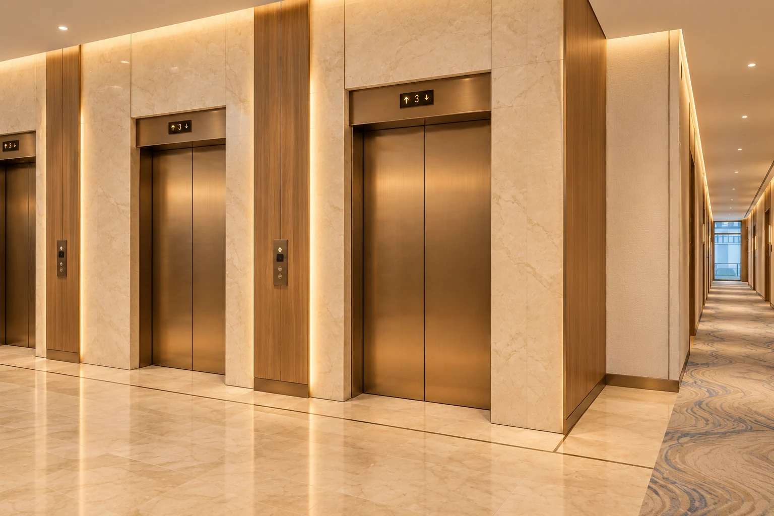 Lift lobby · View 02Bronze portals and a clear corridor connection support intuitive wayfinding.
