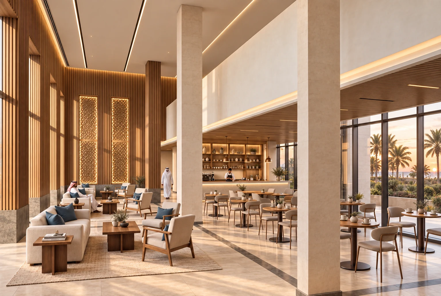 Lobby cafe · View 01Double-height lounge, a lower cafe ceiling and timber shelving organise a more relaxed setting.