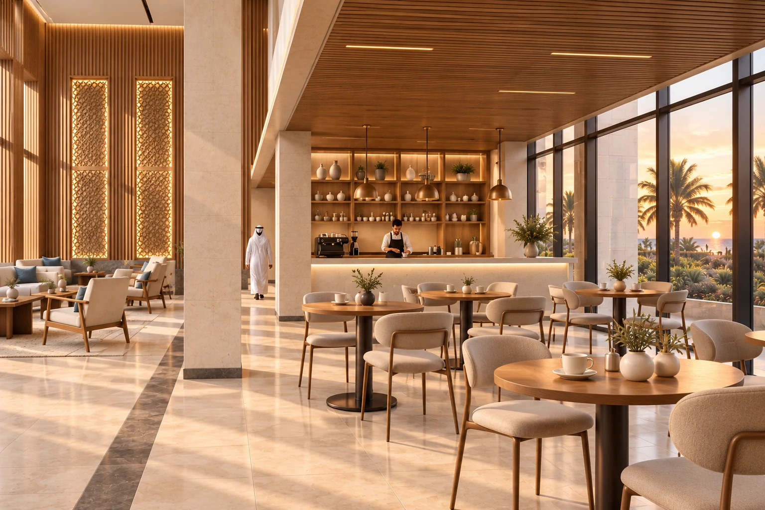 Lobby cafe · View 02Double-height lounge, a lower cafe ceiling and timber shelving organise a more relaxed setting.