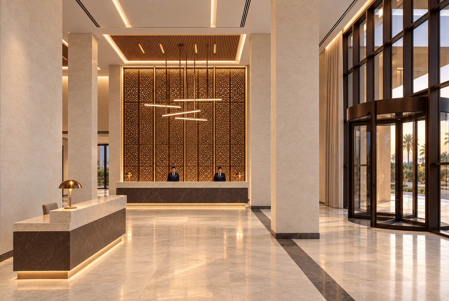 Main lobby and reception · View 01Brown stone counters, pale tops and bronze screens establish the arrival.