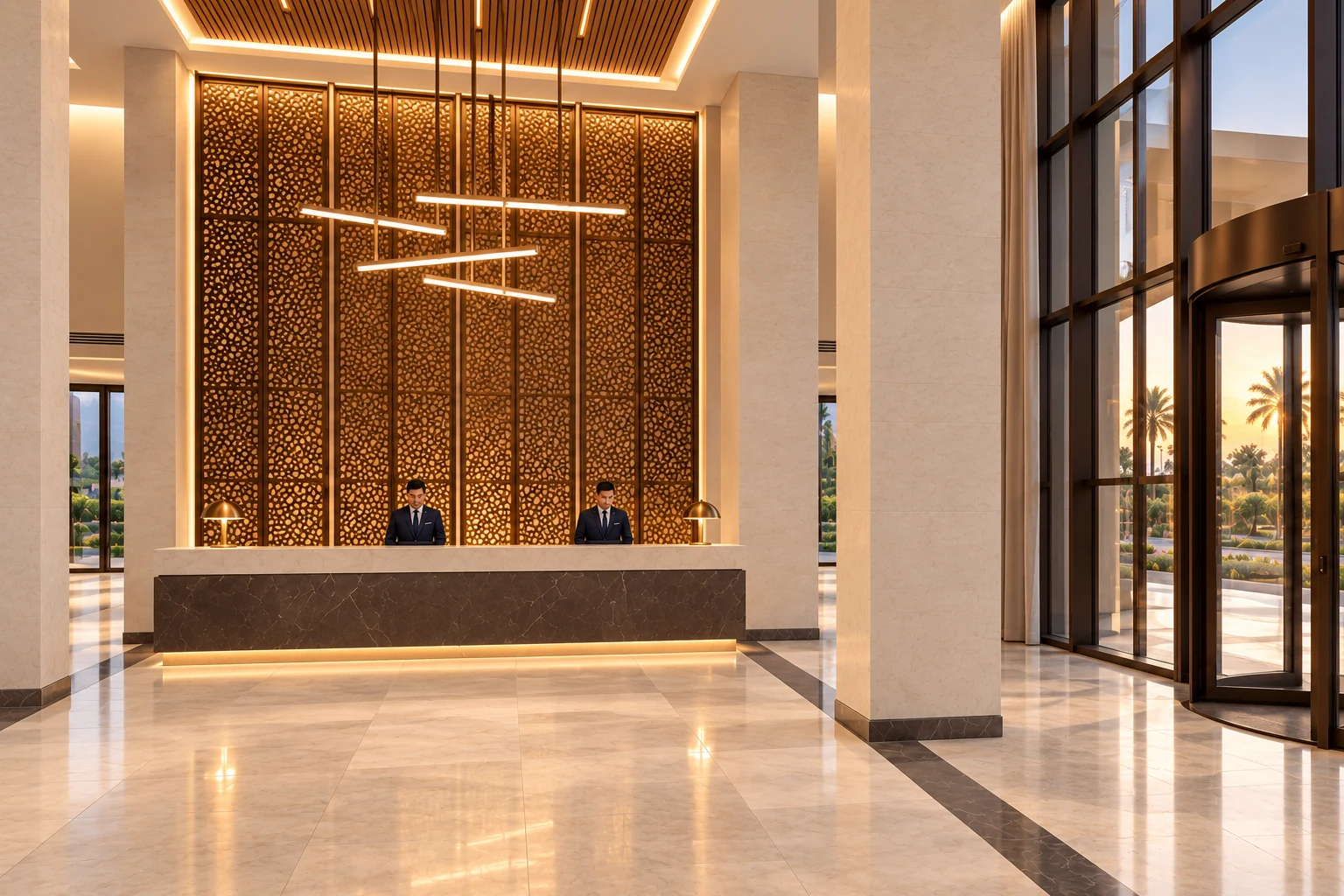 Main lobby and reception · View 02Brown stone counters, pale tops and bronze screens establish the arrival.