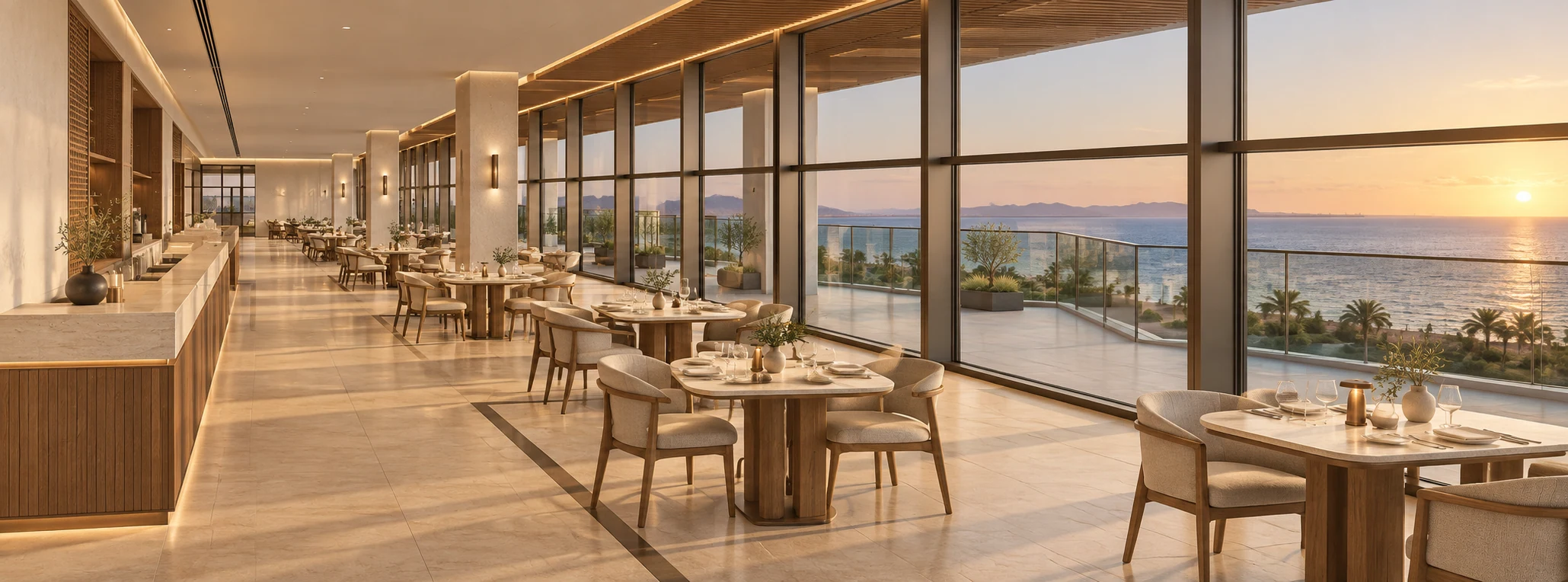 Roof restaurant: indoor dining connects to the terrace and sea horizon.