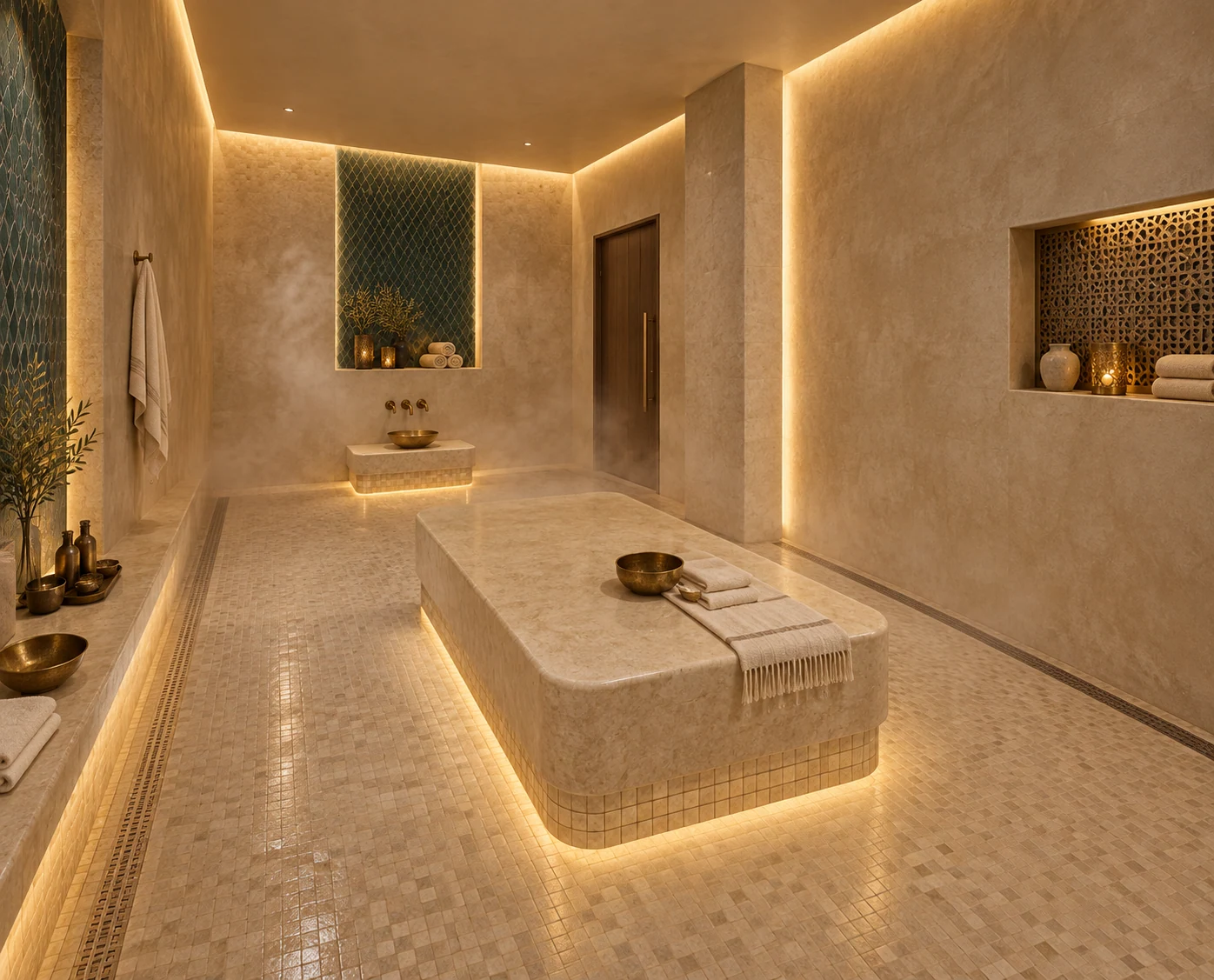 Moroccan bath · View 01Warm stone surfaces and indirect lighting express the wet-wellness atmosphere.