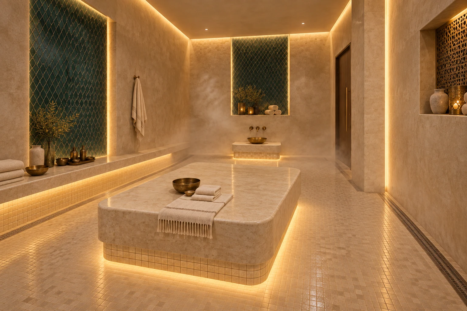 Moroccan bath · View 02Warm stone surfaces and indirect lighting express the wet-wellness atmosphere.