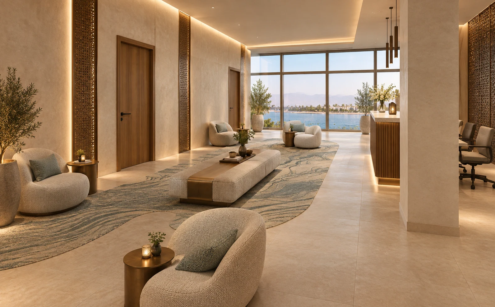 Spa reception: a quieter material and lighting expression within the same design family.