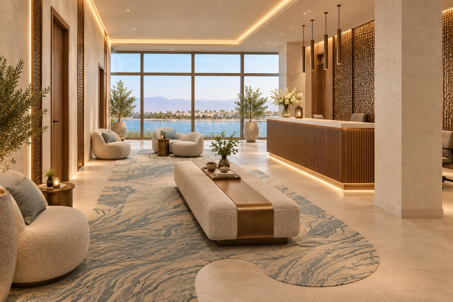 Spa reception · View 02A calm material palette and seating establish the transition to treatment spaces.