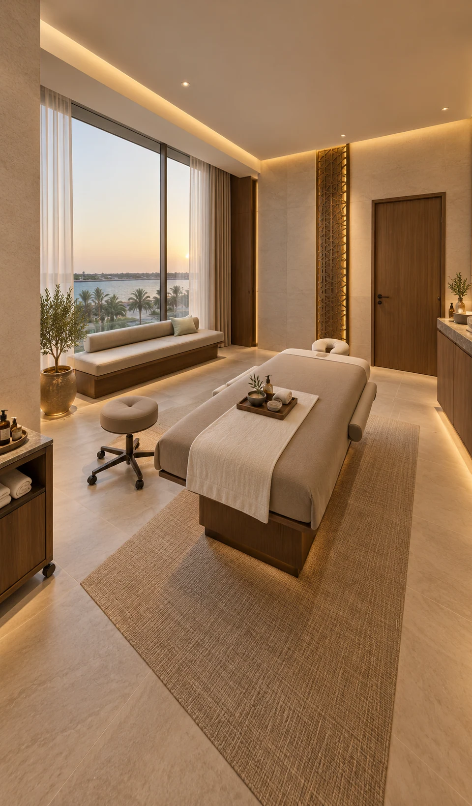 Spa treatment room · View 01Treatment furniture, storage and privacy are coordinated around a restful room character.