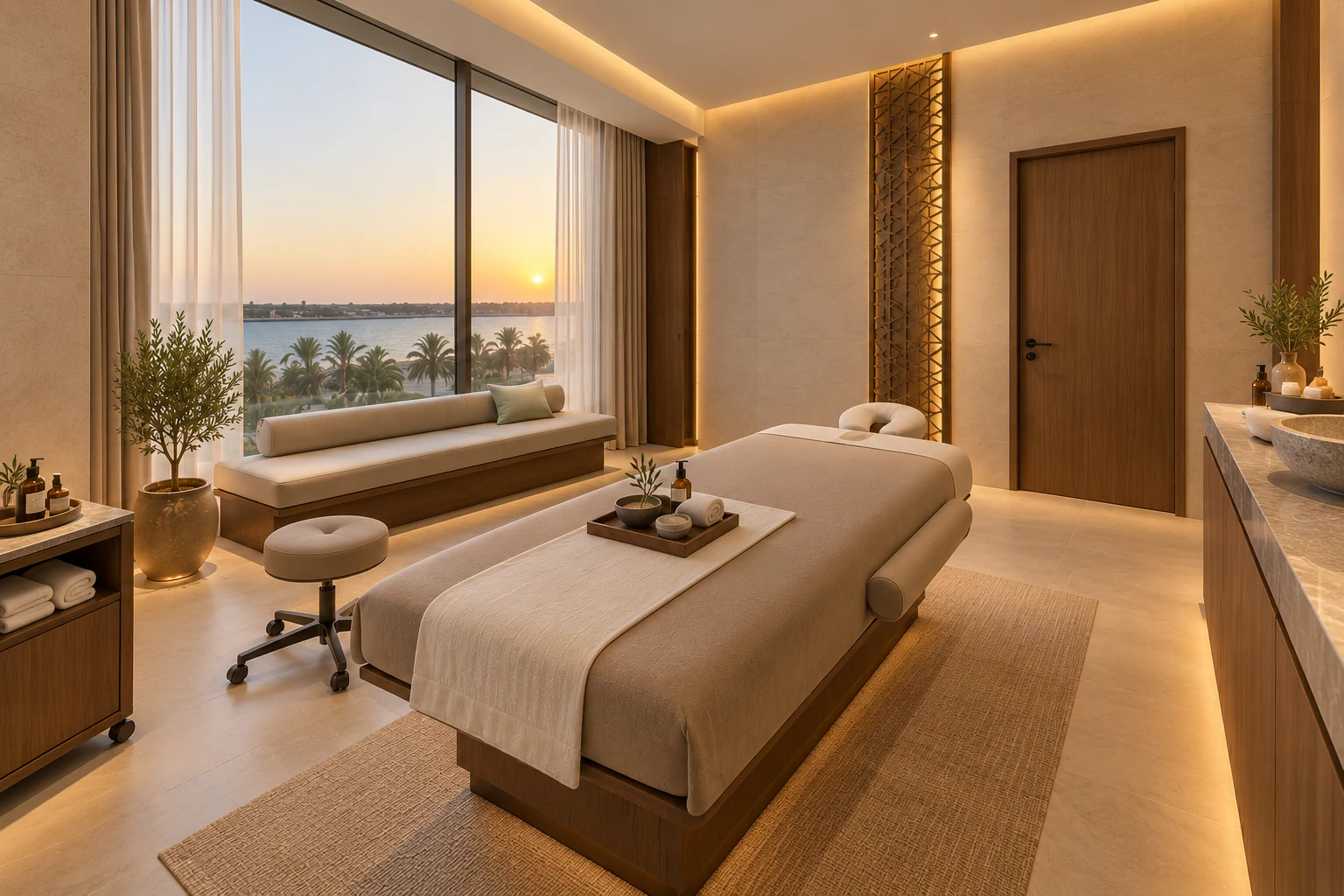 Spa treatment room · View 02Treatment furniture, storage and privacy are coordinated around a restful room character.