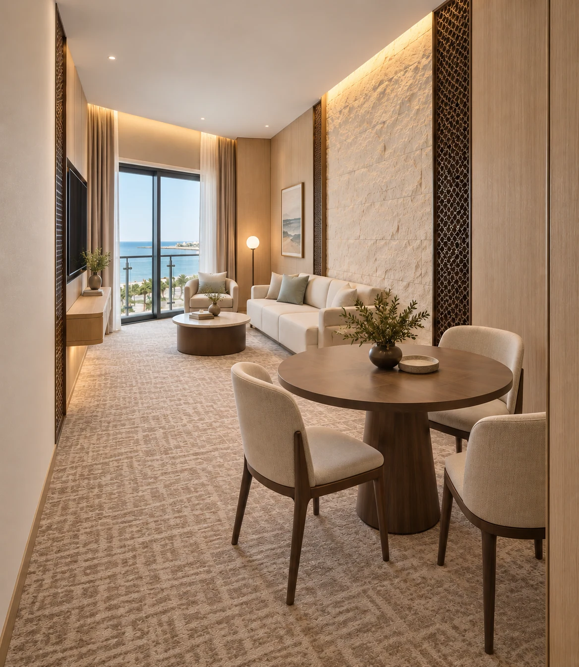 Suite living room: seating and dining arranged around daylight and the coastal outlook.