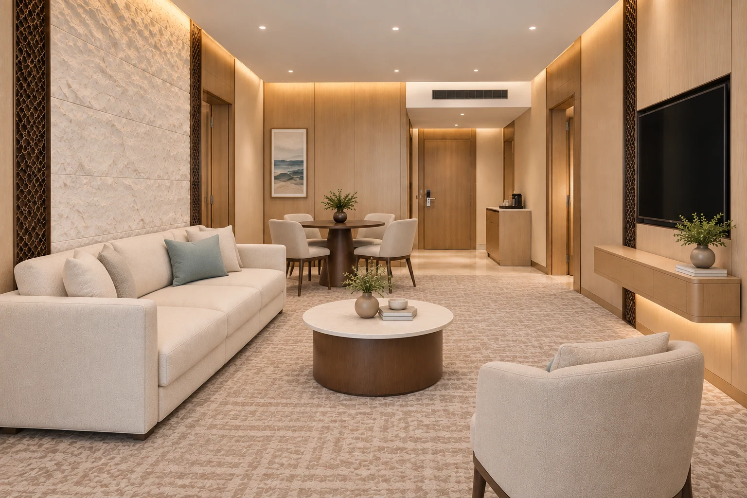 Suite living room · View 02A larger seating and dining arrangement supports the suite experience.