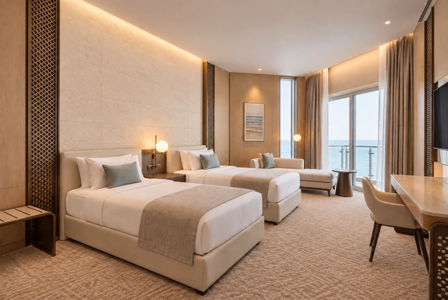 Twin bedroom · View 01The twin configuration carries the same material family and guest-comfort priorities.