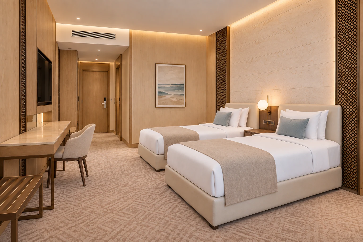 Twin bedroom · View 02The twin configuration carries the same material family and guest-comfort priorities.