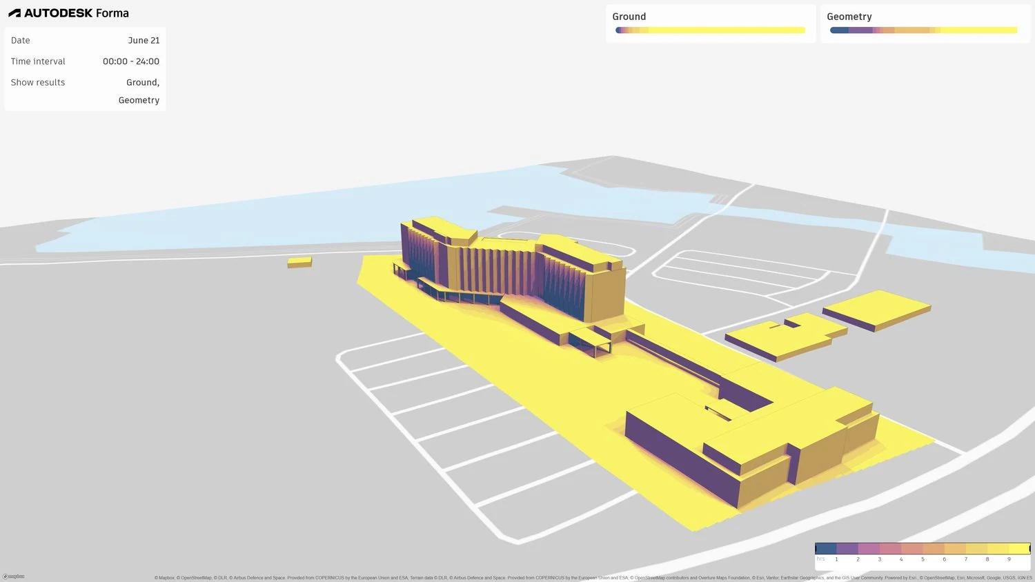 Sun-hours output: exposed ground and roof surfaces receive long periods of direct sun in the supplied June run.