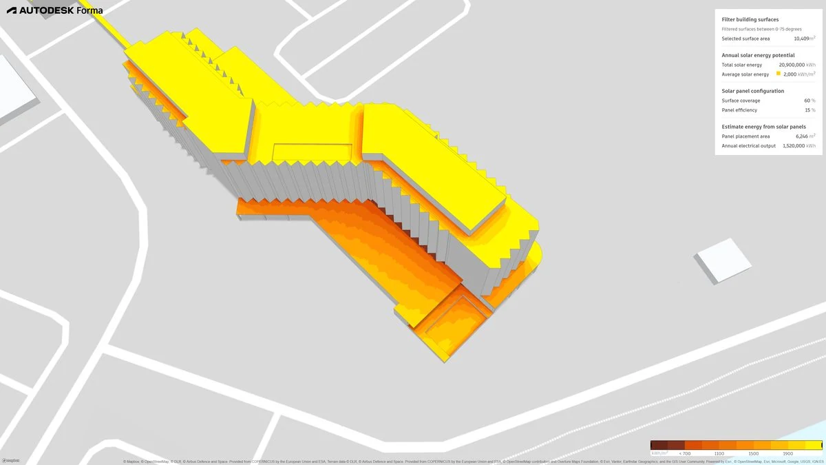 Figure 04 · Annual incident solar energy on the massing, surfaces filtered 0–75&amp;#176;.