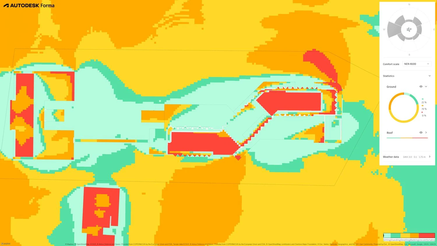 Supplied Forma wind-comfort plan. The podium reads as a sheltered pocket; the upper roof zones read as exposed.
