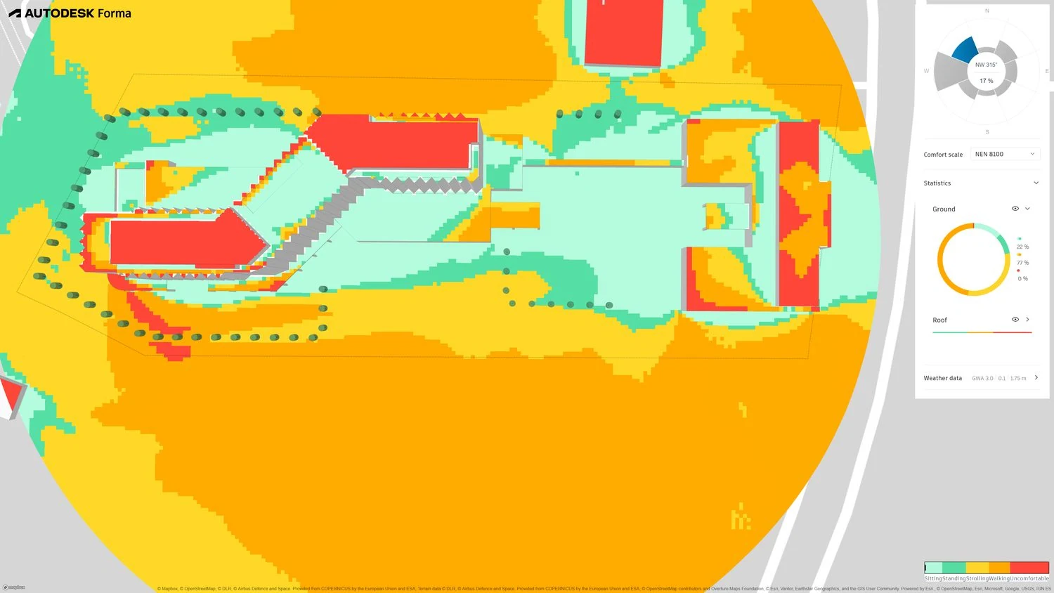 Figure 16 · Single direction: NW 315&amp;#176;, 17 % of annual hours. Same picture — calm over the podium, red on the upper roofs and along the exposed west edge.