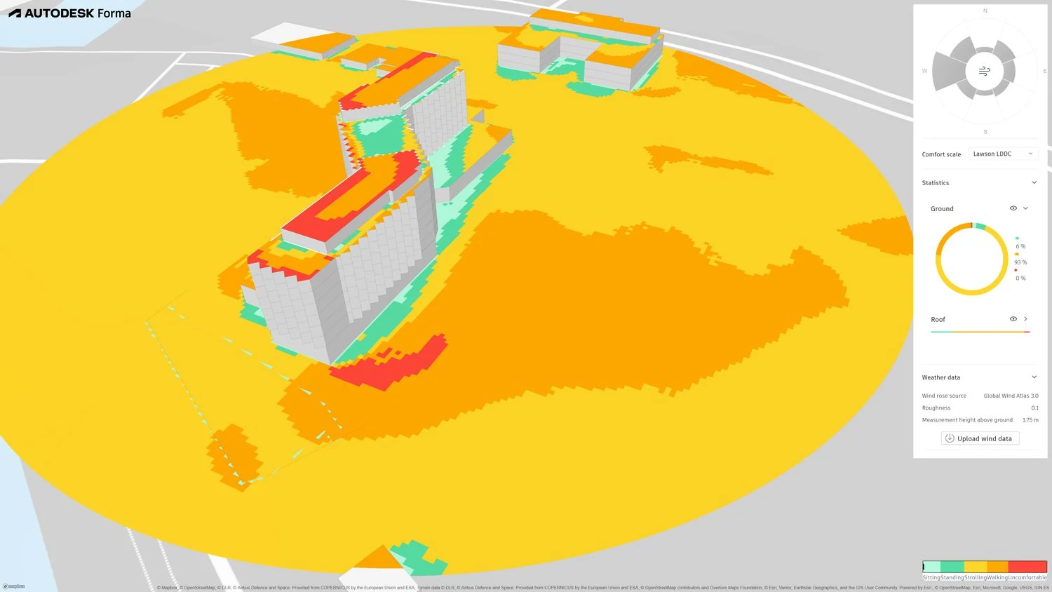 Figure 18 · The same site on the stricter Lawson LDDC scale. The uncomfortable share is still zero at ground level; the roofs are still red.