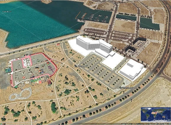 Design-review workbook: contextual model placed against the surrounding site.